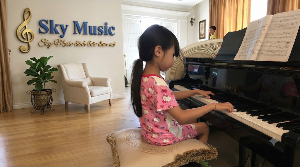 Bé tự luyện piano tại nhà Bé tự luyện piano tại nhà với bản nhạc trên giá đàn