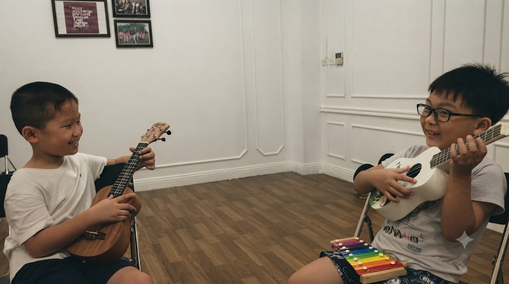 Trẻ làm quen với nhạc cụ dây Hai bé làm quen với đàn ukulele trong lớp học nhạc