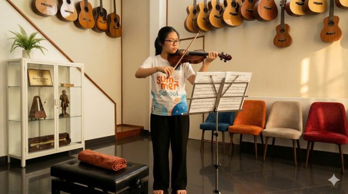 Học sinh đang luyện biểu diễn violin tại phòng học âm nhạc chuyên nghiệp ở Long Biên Hà Nội