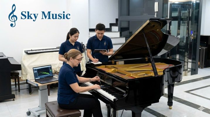 Kỹ thuật viên Sky Music kiểm tra âm thanh và bộ máy grand piano Yamaha trước khi tư vấn khách hàng