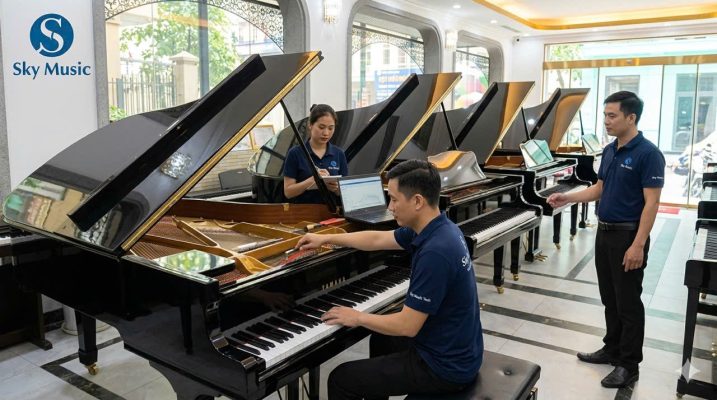 Kỹ thuật viên Sky Music kiểm tra âm thanh và bộ máy Yamaha G5E trước khi tư vấn khách hàng