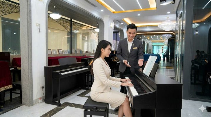 Học viên người lớn đang học piano tại showroom Sky Music Long Biên với giáo viên hướng dẫn trực tiếp