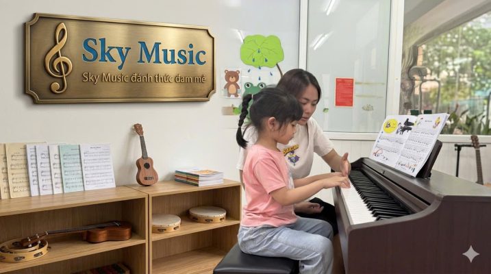 Trẻ em học piano cùng giáo viên tại Sky Music trước khi quyết định đầu tư đàn