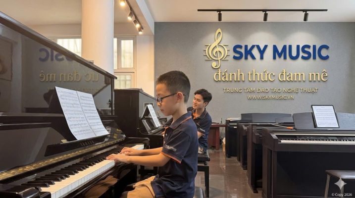 Học viên nhỏ tuổi đang luyện bài piano cơ bản tại showroom Sky Music Long Biên với giáo viên hướng dẫn trực tiếp
