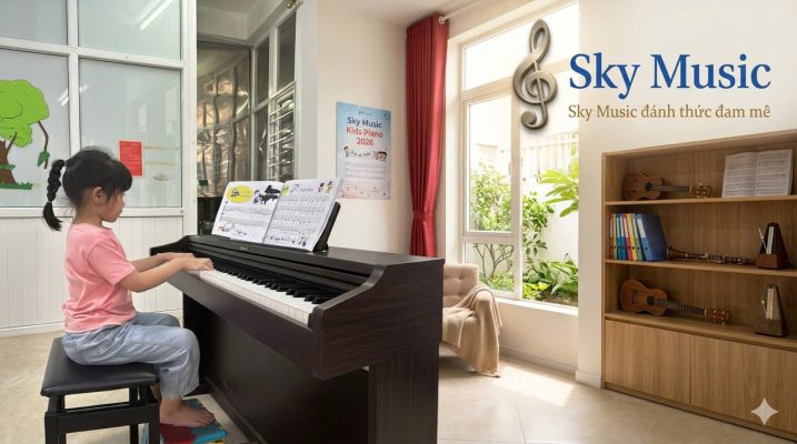 Học viên đang luyện tập piano trong không gian lớp học sáng và yên tĩnh tại Sky Music Long Biên