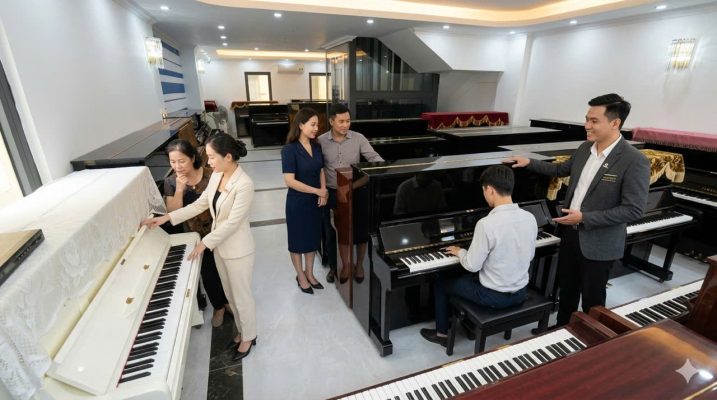 Khách hàng đang thử đàn piano Yamaha cùng nhân viên tư vấn tại showroom Long Biên