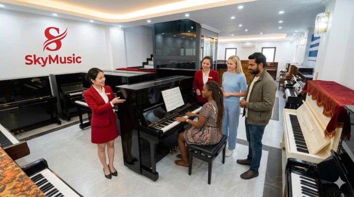 Người mua đang so sánh piano Yamaha U1H và U3H tại cửa hàng Long Biên