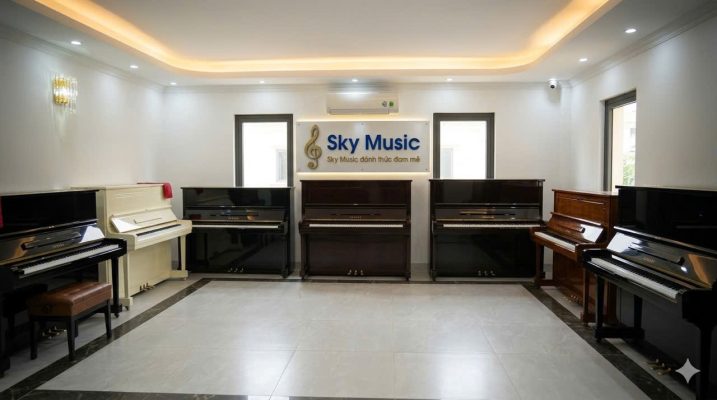 Không gian lớp học piano tại Long Biên với nhiều đàn piano cơ và điện tại Sky Music
