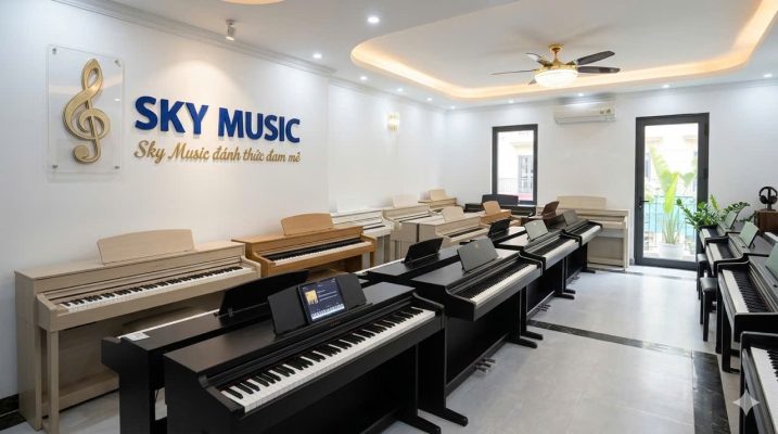Không gian showroom piano tại Sky Music Long Biên với nhiều mẫu đàn điện và cơ