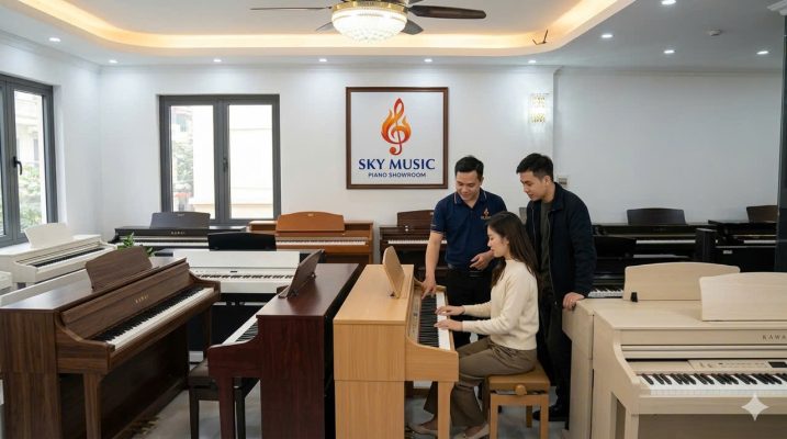 Không gian showroom piano Sky Music tại Long Biên Hà Nội với nhiều đàn cơ và điện