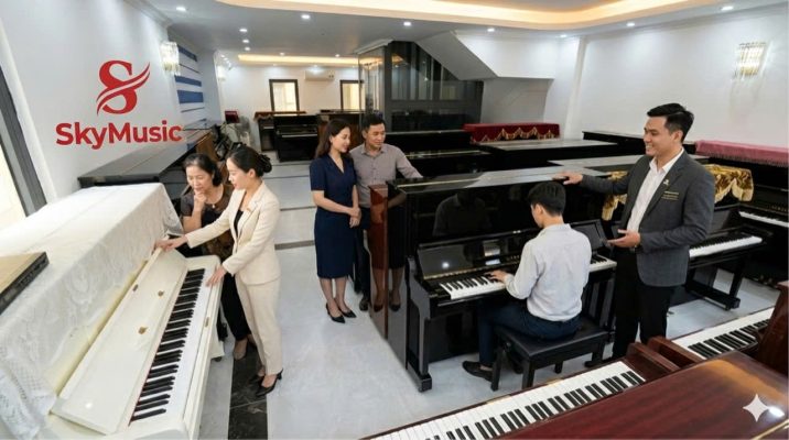 Các dòng piano Yamaha nội địa Nhật và piano mới được đặt cạnh nhau để so sánh âm thanh và cảm giác phím