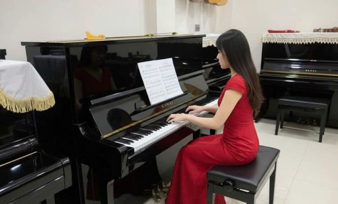Học viên luyện tập piano cơ Yamaha tại Sky Music phù hợp cho người mới bắt đầu