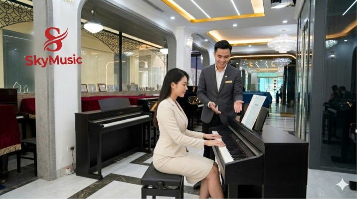 Khách hàng đang học piano cùng giáo viên tại trung tâm Sky Music Long Biên