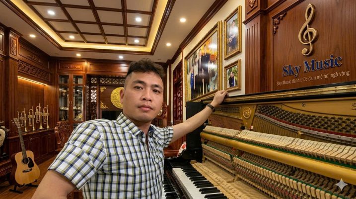 Kỹ thuật viên kiểm tra bộ máy piano gồm action hammer và dây đàn bên trong