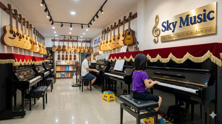 Khách hàng nghe thử piano Yamaha nội địa tại Sky Music Bồ Đề Long Biên