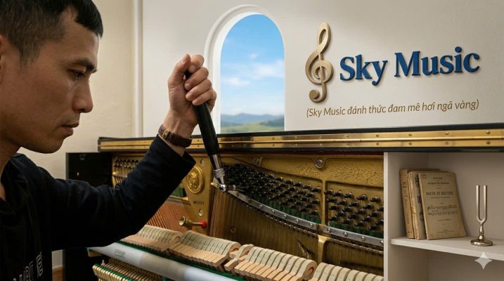 Kỹ thuật viên Sky Music kiểm tra bộ máy piano Yamaha trước khi giao khách