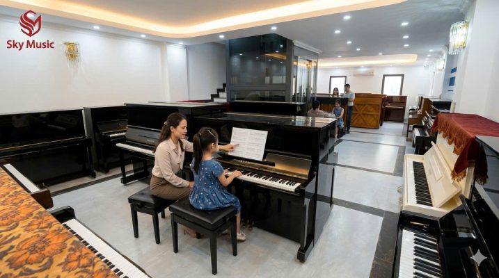 Phụ huynh cho bé trải nghiệm piano cơ tại showroom Sky Music Long Biên Hà Nội