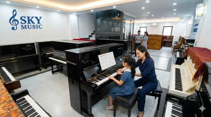 Phụ huynh cho bé trải nghiệm học piano tại Sky Music Long Biên sau khi mua đàn Yamaha