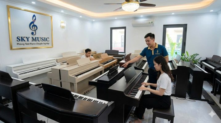 Khách hàng được tư vấn chọn piano Yamaha nội địa Nhật phù hợp tại showroom Sky Music Long Biên