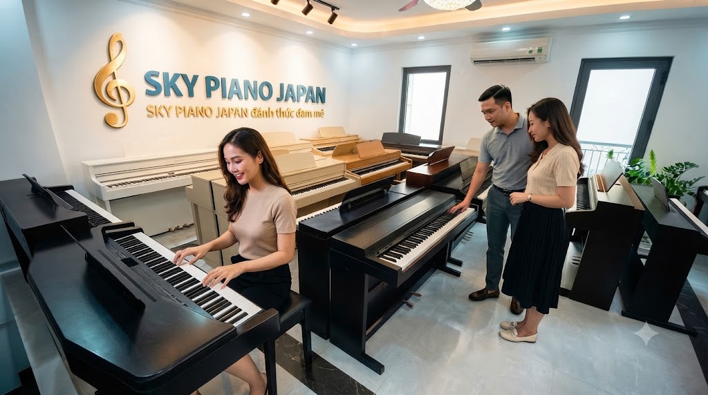 Người lớn trải nghiệm piano điện tại showroom Sky Piano Japan
