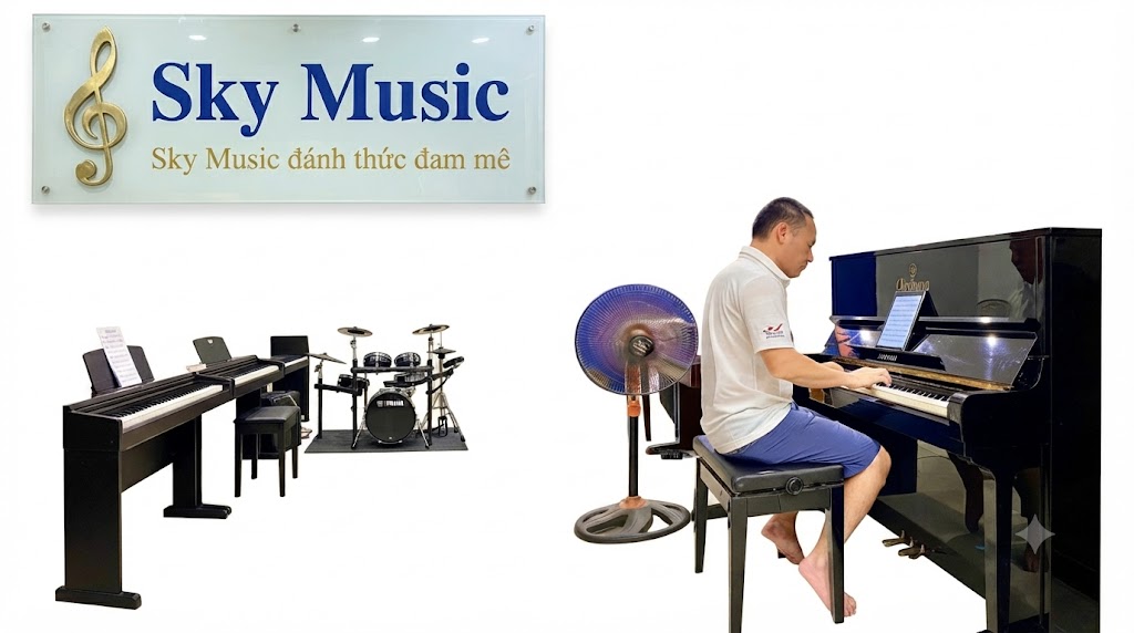 Người lớn luyện đàn piano cơ trong không gian học nhạc Sky Music